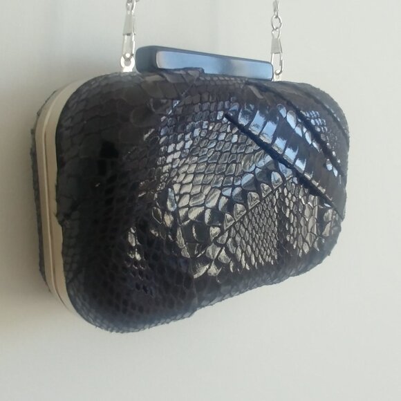 Hard Shell black snakeskin leather look clutch bag silver chain - Picture 2 of 12